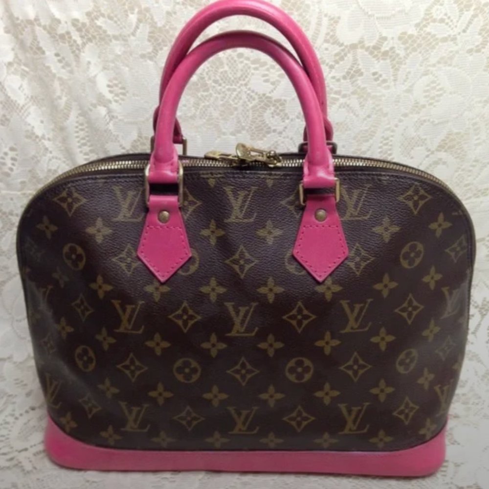 Authentic Louis Vuitton Alma Handbag with Fuchsia Leather Trim